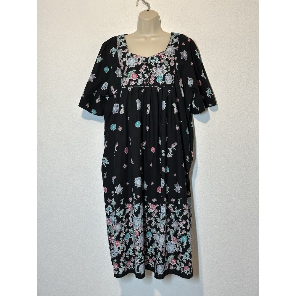 Only‎ Necessities Womens Patio House Dress 2X 26/28 Black Floral Kaftan Pockets